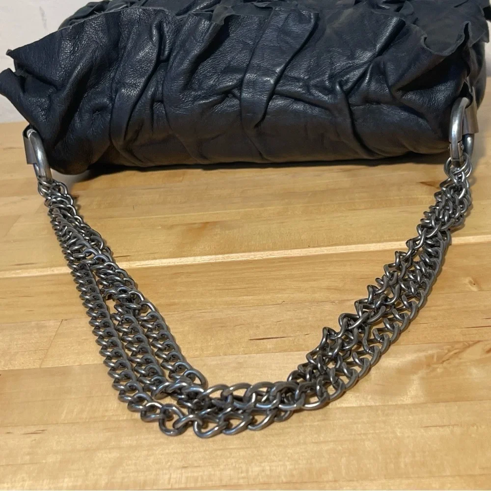 AllSaints Black Ruffled Leather Shoulder Bag Soft Leather Gunmetal Hardware